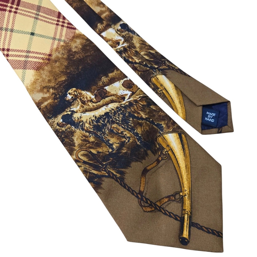 Polo Ralph Lauren Silk tie Mens Plaid Hunting Dogs Sporting Horn Handmade Tartan